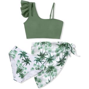 Girls Swimsuits Hawaiian Teen Bathing Suits 3 Piece Tropical Floral Ruffle Strap Bikini Set with Cover Up Skirt 9-16T (Green)