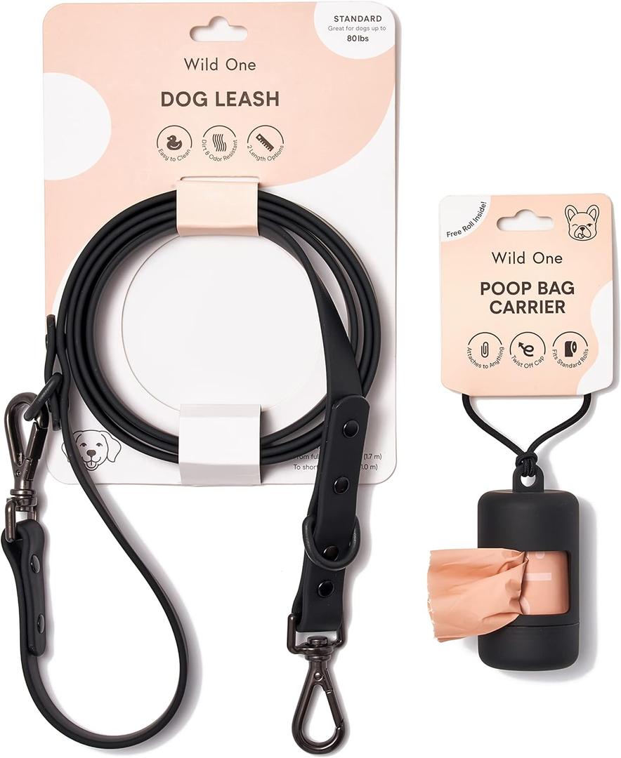 Wild One Nylon Adjustable Length Leash 5.5 Feet and Poop Bag Carrier Set, Waterproof, Odor Resistant, Black (Large)