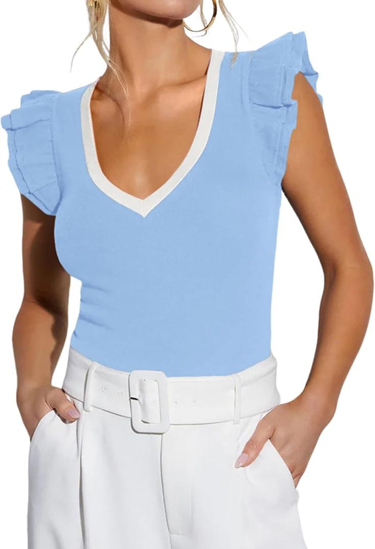 AGSEEM Women Summer Ruffle Tops Sexy Deep V Neck Short Sleeve Shirts Trendy Casual Ribbed Slim Fitted Knit Tees Blouse (Blue, M)