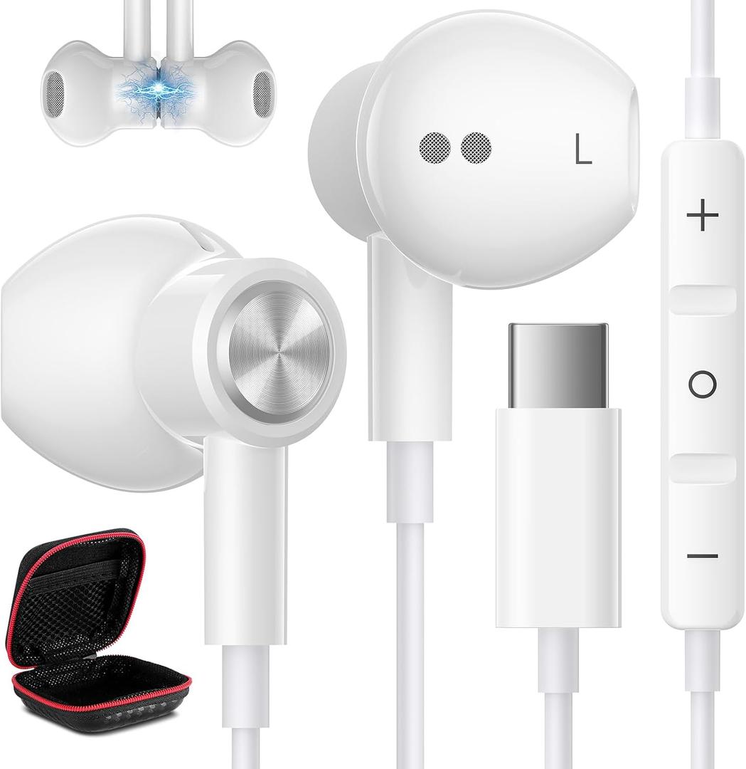 USB C Headphones Wired for iPhone 16 15 Pro Max Plus iPad Air, Type C Earphones with Mic Magnetic HiFi Stereo Case Cord Wired Earbuds for Samsung Galaxy S25 Ultra S24+ A35 S23 Flip Pixel 9 8 7, White
