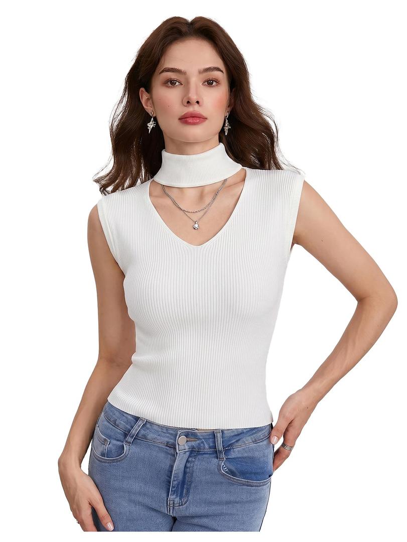 WDIRARA Women's Cut Out Mock Neck Sweater Vest Cap Sleeve Pullover Elegant Knit Tops (White, XL)