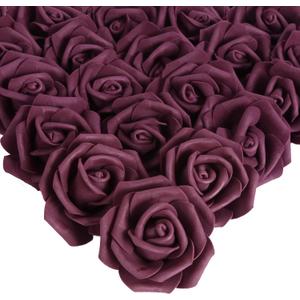 IPOPU Foam Roses Artificial Flowers, 100Pcs Stemless Plum Foam Fake Roses Heads 3inch Faux Flower for DIY Crafts, Wall Decorations, Wedding Centerpieces Bouquets, Bridal Shower, Party Home Decor (Plum)