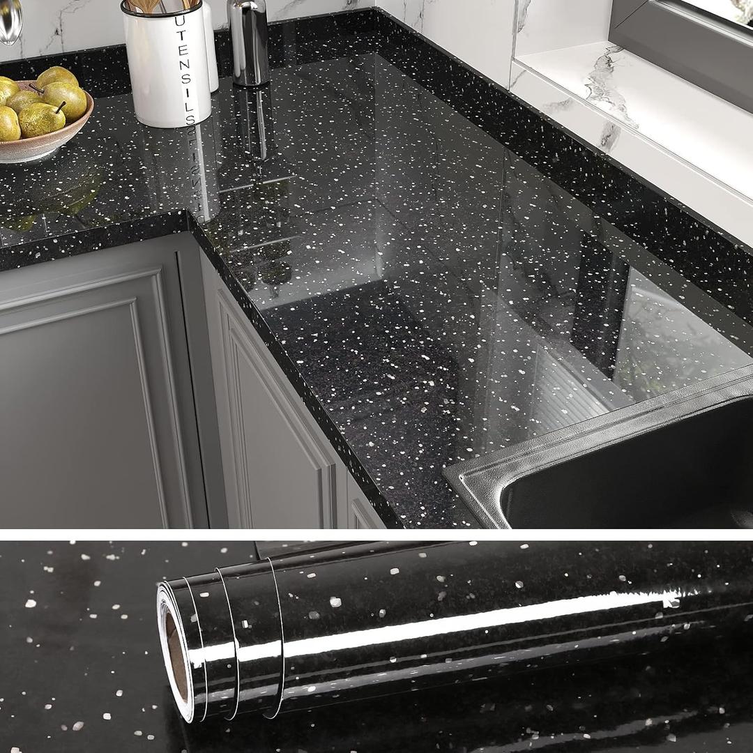 VEELIKE 118''x32'' Wide Black Galaxy Granite Contact Paper for Countertops Peel and Stick Waterproof Black Marble Countertop Contact Paper Self Adhesive Countertop Vinyl Wrap for Kitchen Bathroom