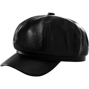 Newsboy Caps Beret Hats for Women Rb Greek Fisherman Cabbie Leather Newsies Chauffeur Fiddler Peaked Paperboy News (Black)