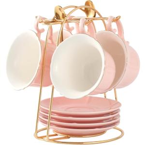DUJUST Tea Cups and Saucers Set of 4 (8 OZ), Candy Pink Tea Cup Set with Golden Trim, Petal Edge Coffee Cups with Metal Stand, Simple Style Porcelain Tea Party Set - Pink