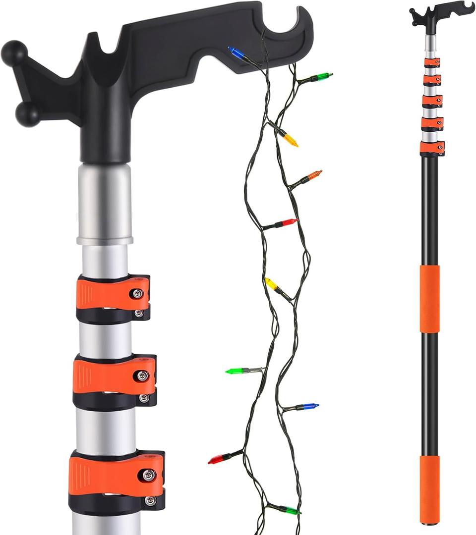 5-24ft Long Telescopic Extension Pole with Utility Hook, Ladderless christmas light pole hanger tool Installing and Hanging String Lights/Birdfeeders, cleaning High Places, Lightweight and Sturdy