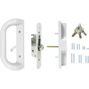 Sliding Patio Door Handle Set with Key Cylinder and Mortise Lock Fits 3-15/16 Screw Hole Spacing, Sliding Glass Door Latch Lock Replacement Part, Fits Door Thickness from 1in to 1.75 in (White)