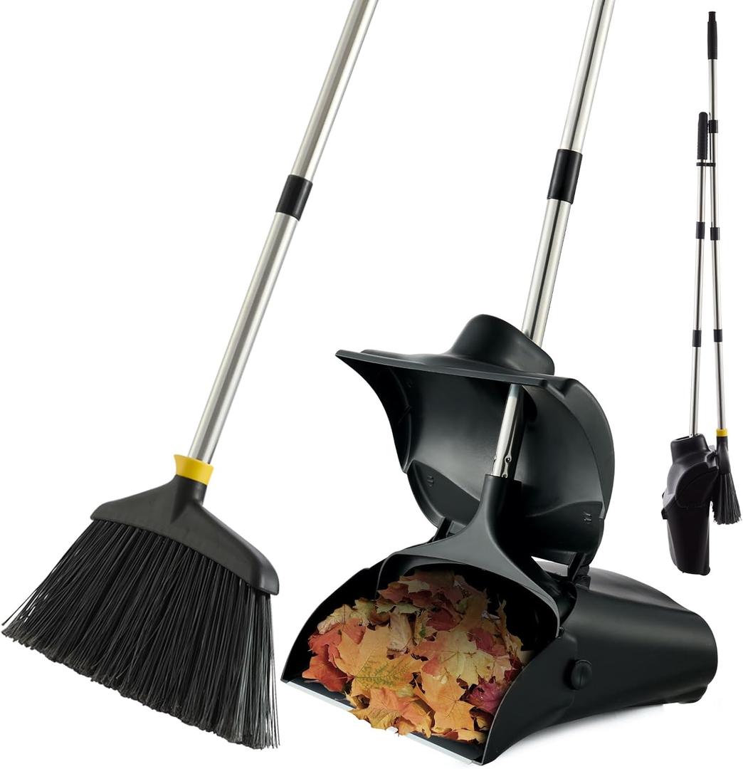 Outdoor Broom and Dustpan Set with Long Handle, Heavy Duty Upright Standing Dust Pan with Windbreak Cover and Broom Combo for Sweeping Indoor Outdoor Commercial Use
