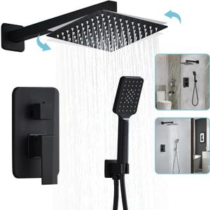 8 Inch Shower System with Tub Spout, Black Shower Faucet Set for Bathroom, Square High Pressure Shower Head, 2-Setting Handheld Faucets Sets, Wall Mounted Rainfall Shower Valve Kit