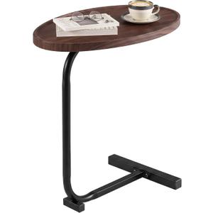VECELO C Shaped Side Table, Oval End Table for Sofa Bed, Industrial Wood Look C Couch Table, Slim Slide Under Bedside Table, Small Snack Coffee Side Table for Living Room Bedroom, Walnut,1 PCS