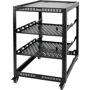 TECMOJO 16U Open Frame Network Rack for IT &AV Gear, AV Rack 4-Post with casters, Mobile 16U Rack with 2 PCS 1U Server Rack Shelf & Mounting Hardware, for 19" Network,Audio and Video Device
