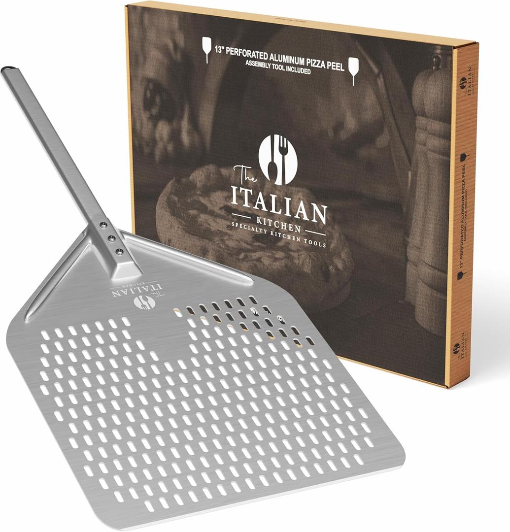 Perforated Pizza Peel 13"W x 16.7"L  Professional Restaurant Grade Large Metal Pizza Peel  27.3" Long Handle Aluminum Turning Peel  Commercial Pizza Paddle
