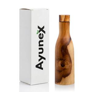 Wooden Copper Water Bottle 17oz / 500ML Handmade Ayurvedic 100% Pure Copper Water Bottle with Unique Natural Wooden Finish BPA-Free Leak-Proof Sports Water Bottle for Gym, Yoga, Office & Travel