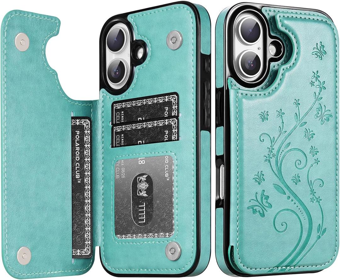 Korecase Compatible with iPhone 16 Butterfly Leather Holster Series Wallet Case with Card Holder Double Magnetic Clasp Back Flip Protective Cover Case for iPhone 16 6.1" -Mint Green