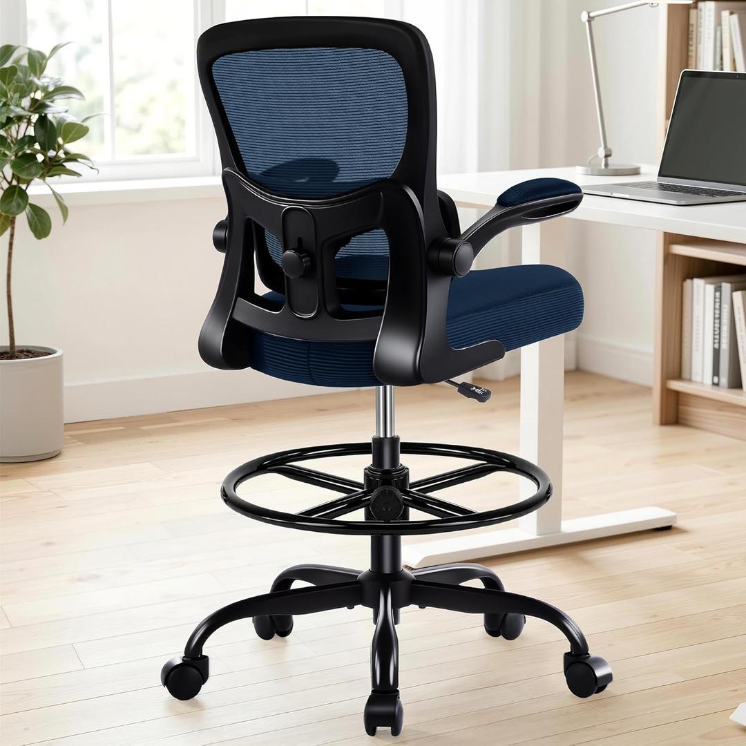 AreShark Drafting Office Chair - Ergonomic Tall Office Chair with Adjustable Footrest Ring - Counter Height Adjustable Rolling Standing Desk Chair with Lumbar Support and Flip-up Armrests for Home (Navy)