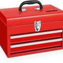 DNA MOTORING 14 Inch Steel Portable Tool Box - 2 Drawer+Top Storage Toolbox with Lockable Metal Latches for Household Workshop Repair Shop, Red, TOOLS-00406