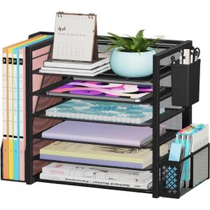 Simple Trending 6 Tier Desk File Organizer, Paper Letter Tray Organizer with File Holder and Pen Container, Black