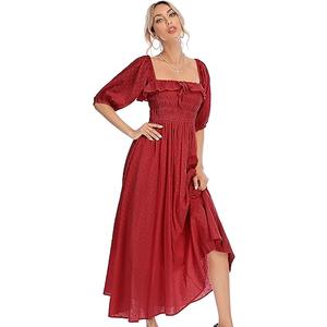 R.Vivimos Women Summer Half Sleeve Cotton Ruffled Vintage Elegant Backless A Line Flowy Long Dresses (Burgundy#1, XL)