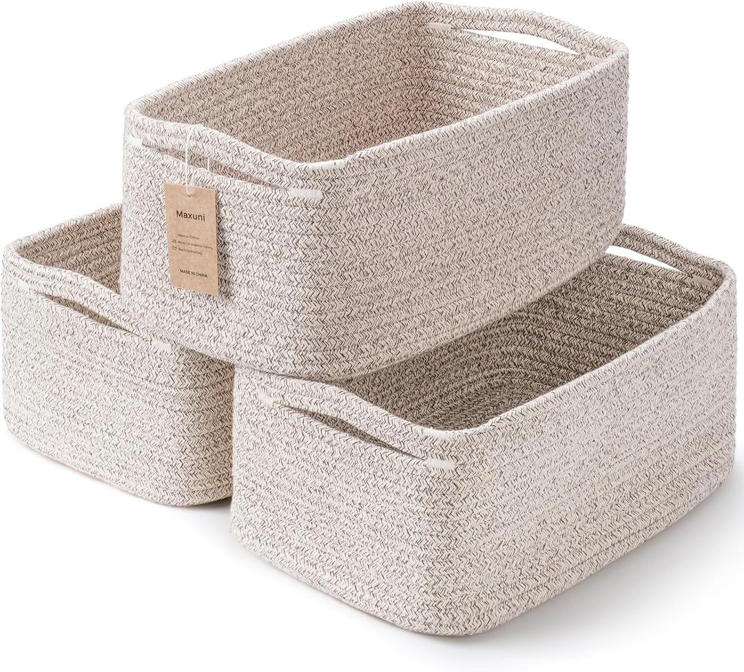 Maxuni 3-Pack Small Storage Baskets for Organizing | Woven Shelf Toy Basket | Rope Baskets for Gifts Empty | Closet Organizer Bins with Handles | Cube Decorative Box | 11.8×7.8×5.1” | Mixed Brown