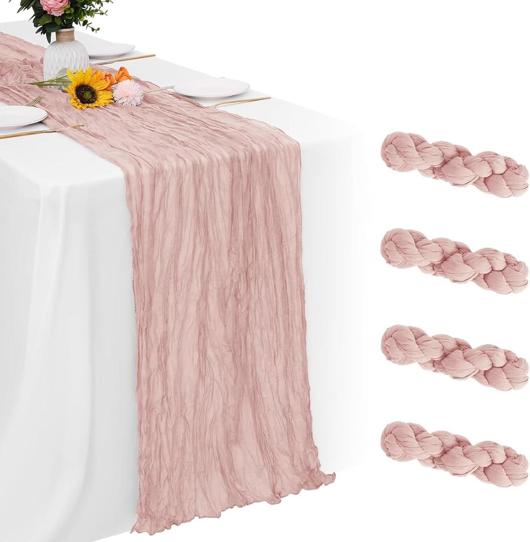 4 Pack Dusty Pink Cheesecloth Table Runner 35 x 120 Inch Boho Gauze Rustic Cheese Cloth Table Runner 10 FT Long Fabric Semi Sheer Table Runners for Romantic Wedding Birthday Party Table Decor