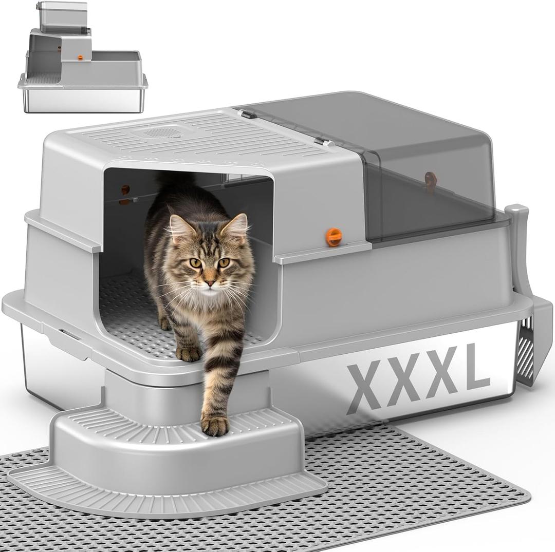 Extra Large XXXL Stainless Steel Cat Litter Box with Lid, Light Gray