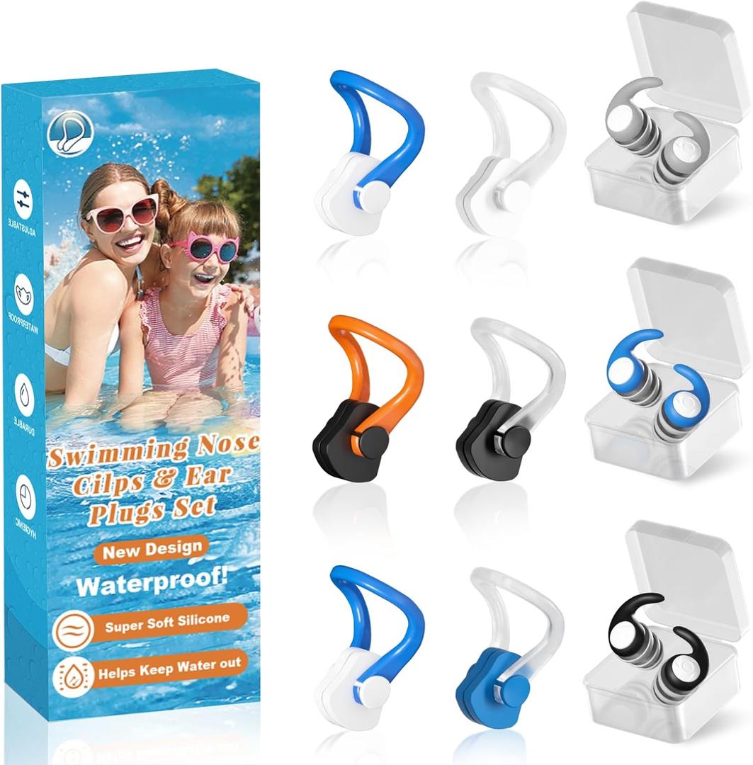 Swimming Nose Clip Ear Plugs - 9 Packs Silicone Swim Nose Plugs with Earplugs for Adult,Waterproof Pool Nose Plugs for Diving Surfing and Other Water Sports with Storage Box,Multi-Color (Adults (Ages 12+))