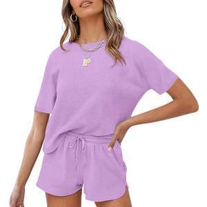 MEROKEETY Women's Short Sleeve Waffle Pajama Sets 2 Piece Lounge Outfits | Basic Top Shirt and Drawstring Pocket Shorts Loose Fit Cozy Soft Two Piece Loungewear Tracksuit Matching Set Outfits (Purple, M)