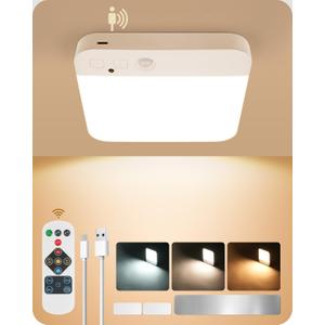 Rechargeable Motion Sensor Ceiling Light Wireless, Battery Operated Ceiling Light with Remote, No Wiring, Magnetic, 3 Colors, Dimmable 500LM for Shower Closet Bathroom Stairs Pantry Hallway Porch (1 Pack)