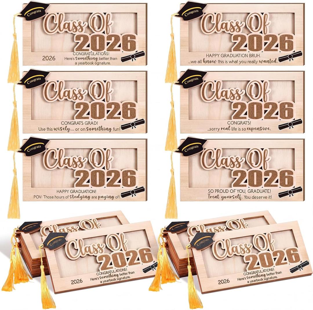 AceOrbit 6 Pcs Class of 2026 Graduation Money Holder Funny Graduation Cash 2026 Wooden Congrats Money Card Holder Gift Idea for Graduate Senior High School College Party Supplies