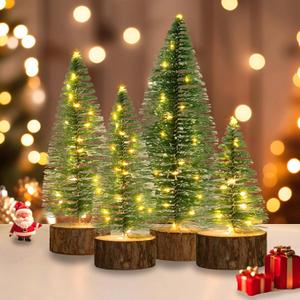 4 Pcs Mini Christmas Trees, 4 Sizes Artificial Christmas Bottle Brush Trees with Timer Fairy Lights Timer Battery Powered Tabletop Tree Decoration (Warm White)