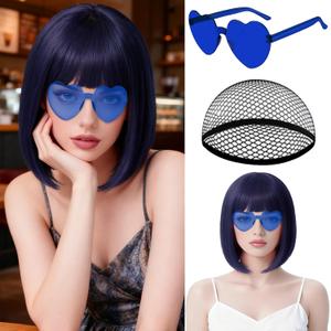 MEEZY Navy Blue Short Bob Wigs Straight Hair with Flat Bangs Heart Sunglasses for Women, Colorful Funny Cosplay Party Neon Wig Synthetic Natural As Real Carnival Halloween Costume