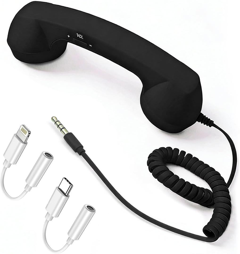 Retro Phone Handset for Cell Phone, 3.5mm Jack with USB-C & Lightning Adapters, Vintage Telephone Receiver, Plug and Play for Calls, Meetings & Video Conferences (Black)