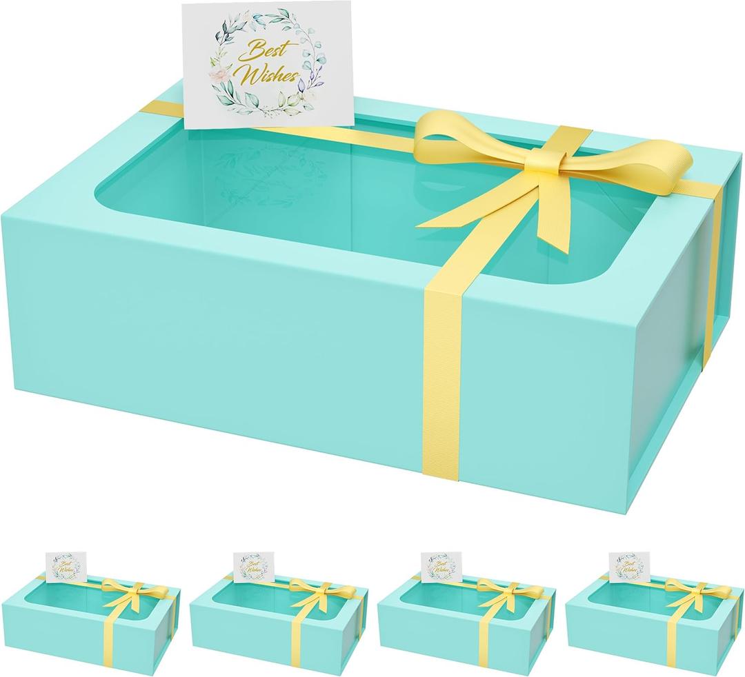 Large Gift Box with Window, 13.5x9x4.3 In Turquoise Gift Box for Presents Magnetic Lids Collapsible for Bridesmaid Proposal Box, Wedding, Birthday, Christmas, Contains Card, Ribbon (5 PACK)