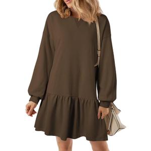 BLENCOT Womens 2025 Fall Long Sleeve Pullover Tops Crewneck Rib Knit Patchwork Sweatshirt Dress Casual Mini Dresses (Beige), Size M