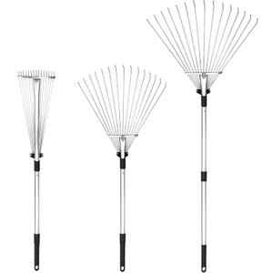 Buyplus Adjustable Garden Leaf Rake - 24 to 63 Inch Telescopic Metal Expandable Folding Leaves Rake for Lawn Yard, Flowers Beds, Black