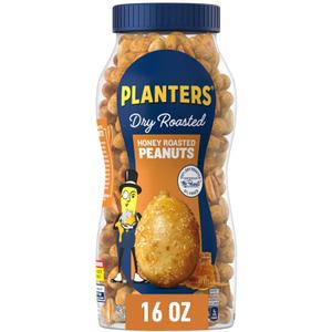 PLANTERS Honey Roasted Peanuts, Dry Roasted Peanuts, Party Snack, Plant-Based Protein, After School Snack, Sweet and Salty, Salted Nuts, Sea Salt & Honey, Snacks for Adults, Kosher, 16oz Jar (EXP 03/11/26)