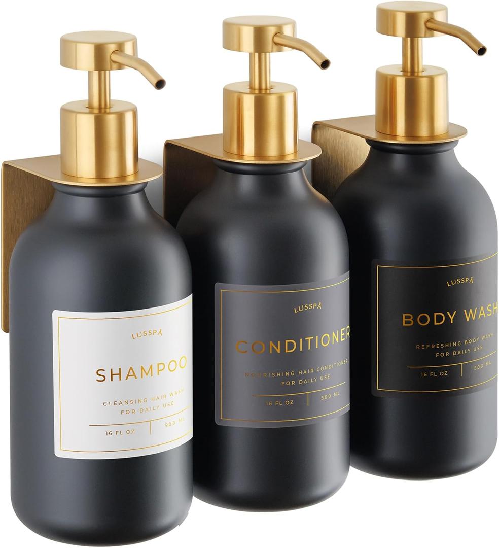 Shower Shampoo Dispenser Wall Mounted 3 Refillable 16.9 oz Black Bottles with Stainless Steel Pumps & No-Drill Adhesive Holders Soap Dispenser Set for Bathroom (3 X Black/Gold)