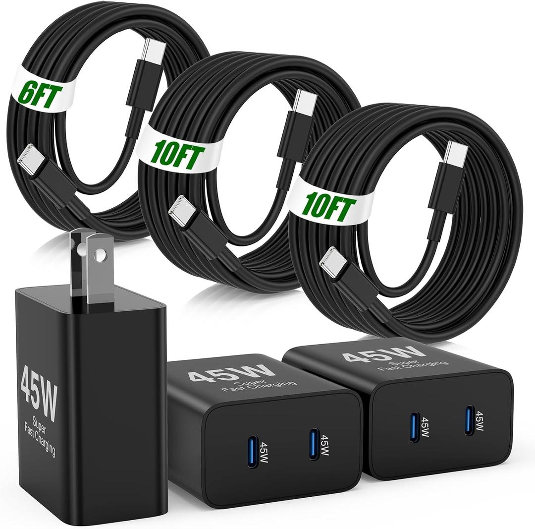 45W Super Fast Charger Type C for Samsung S26 S25 S24,3Pack 45W Dual Port USB C Fast Phone Charger Block & 6/10/10FT Type C Charging Cord for Samsung Galaxy S26 S25 Ultra/S23/S22,Android,iPhone 17, Black, 10FT+10FT+6FT