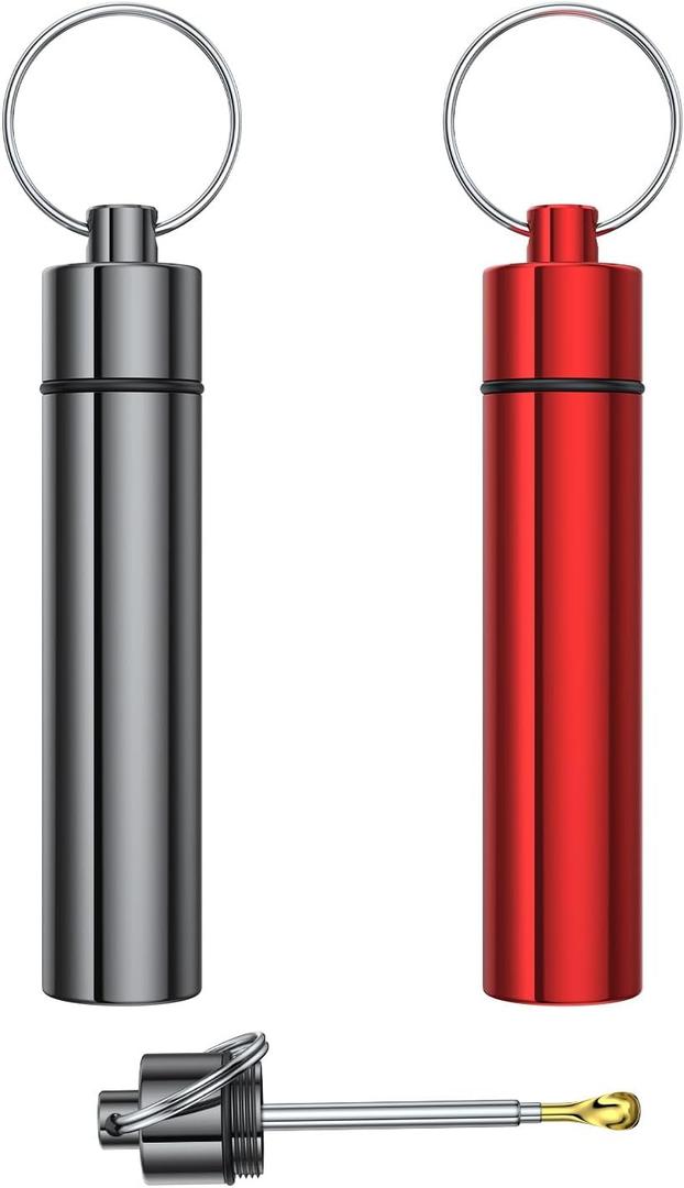 2 Pieces Metal Container with Keyring, Portable Waterproof Aluminum Travel Holder Mini Storage Bottle Case (Grey Red)