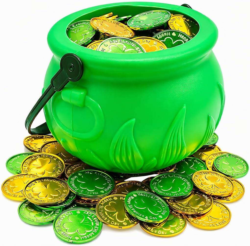 4E's Novelty 5 Inch St Patricks Day Pot of Gold Decorations with 100 Lucky Coins - Green Pot of Gold Cauldron Plastic Bucket for Leprechaun Decorations, Green & Gold Coins Plastic