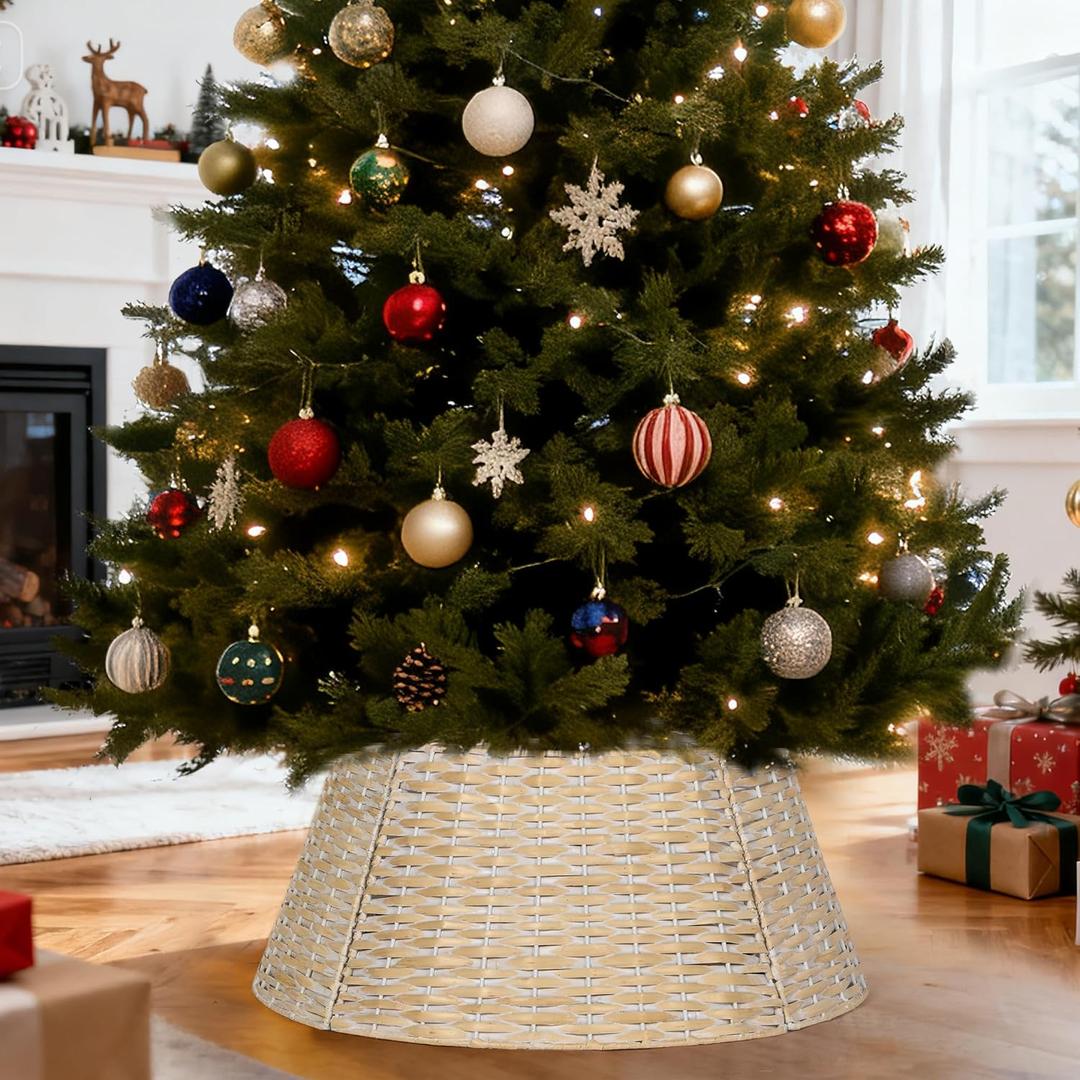 24 Inch Wicker Christmas Tree Collar, Handwoven Rattan Tree Base Cover with Cable Slot and Metal Frame, Durable Tree Stand Cover for Xmas Trees, Indoor Outdoor Use (Natural)