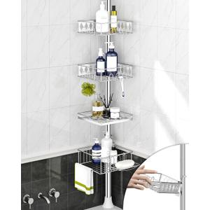SElRIONE Corner Shower Caddy Tension Pole, Quick Setup, Rust-Free Bathroom Shower Organizer Corner for Bathtub Shampoo Storage, 4-Tier Adjustable Shelf, Drill Free, Fits 34 to 116 Inch Height (Silver)