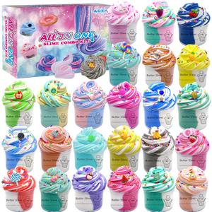 Slime Set Butter Slime Kit 24 Packed Two-Toned Containers, Assorted Colors and DesignsSoft and Bouncy Non-Sticky Slime Party Gifts for Girls and Boys