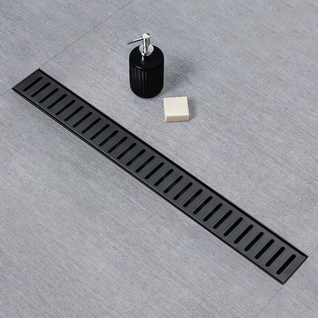 SaniteModar Linear Shower Drain, 24 inch Matte Black Shower Drain with Removable Capsule Pattern Grate,304 Stainless Steel Shower Drain Include Hair Strainer,Adjustable Leveling Feet