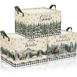 Geelin 3 Pcs Christmas Winter Baskets Wonderland Storage Basket for Gifts Collapsible Waterproof Canvas Xmas Reindeer Storage Bin Organizer with Handles for Book Closet Shelf Nursery Decor