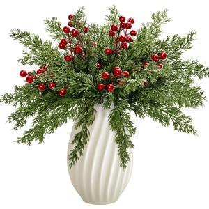 60Pcs Artificial Pine Branches with Red Berry Stems,Christmas Faux Green Cedar Sprigs Branches,Fake Greenery Pine Needles for Wreaths,Garlands,Craft DIY,and Xmas Decorations