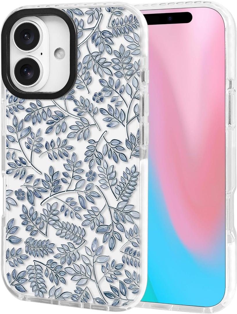 ChiCsFleur for iPhone 16 Case, TPU Phone case with Camera Protection for Women Girls Teens - Blue Silver Leaf Gift Design Chinoiserie Decor Colored Natural Artsy Sorority Aesthetic Unique (IndigoSophora)