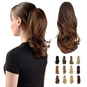 Sofeiyan 13" Ponytail Extension Long Curly Ponytail Clip in Claw Hair Extension Natural Looking Synthetic Hairpiece for Women, Auburn Mix