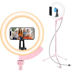 Aureday 12'' Selfie Ring Light with 62'' Tripod Stand and Magnetic Phone Holder, LED Ringlight for Recording/TikTok/Makeup/Photography, Circle Fill Light with Wireless Remote for iPhone&Android Phones (12in, PINK)