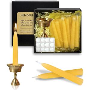20 Min Beeswax Meditation Candles  30 Pack, Includes Mini Candle Holder & 12 Wax Dots, Slow Burn, Natural Unscented, Yoga Prayer Mindfulness & Relaxation